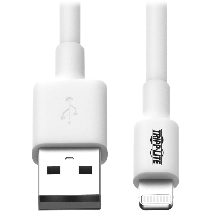 Close-up view of USB-A and Lightning connectors on Tripp Lite white sync and charge cable