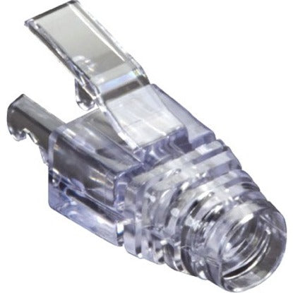 Clear CAT6 EZ Boot strain relief connector showing transparent housing and integrated locking mechanism