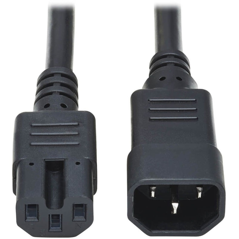 Close-up view of IEC C14 and C15 connectors on Tripp Lite heavy-duty power cord