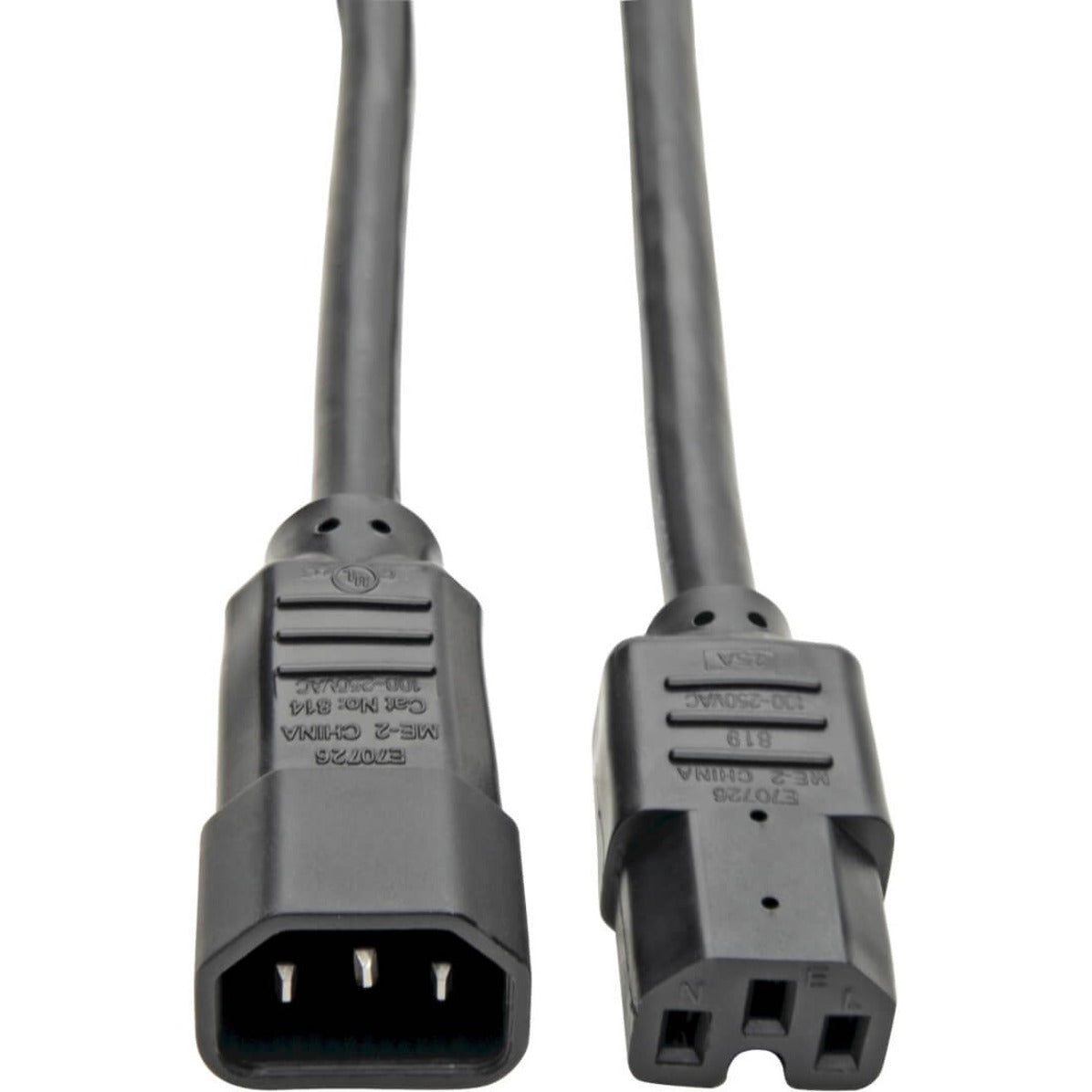 Close-up view of IEC-320-C14 and C15 connectors on Tripp Lite heavy-duty power cord showing detailed connector construction-alternate-image1