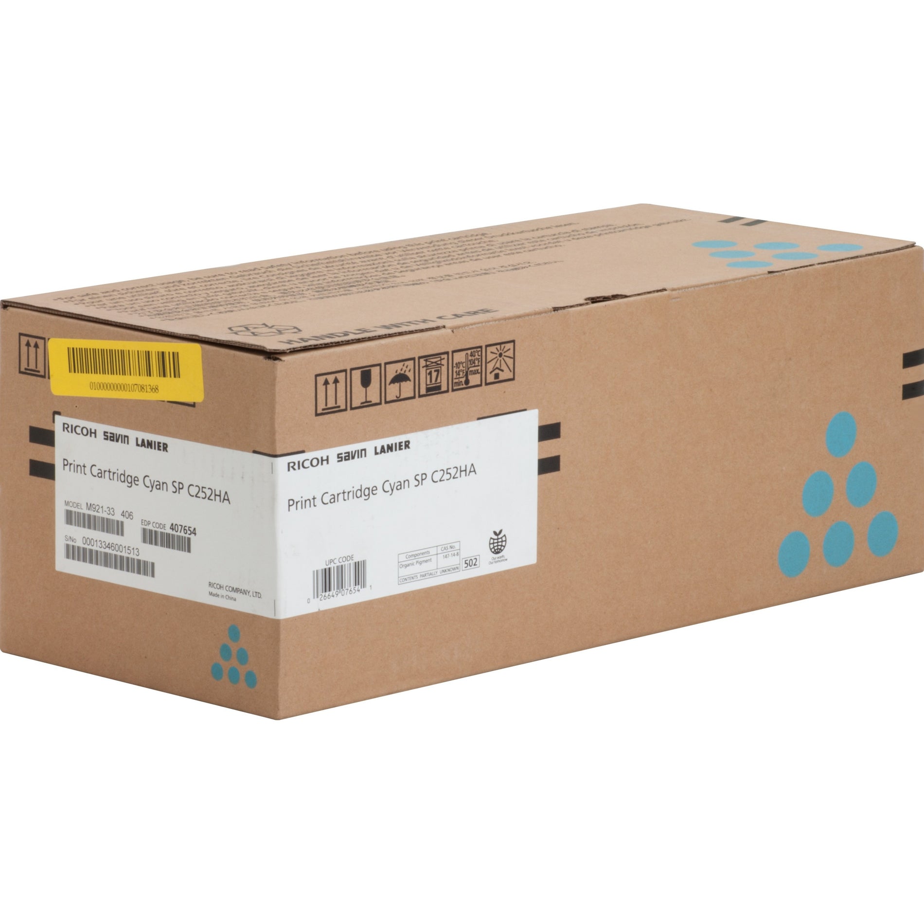 Ricoh SP C252HA Cyan Toner Cartridge in protective brown cardboard packaging with product labels and cyan dot pattern-alternate-image1