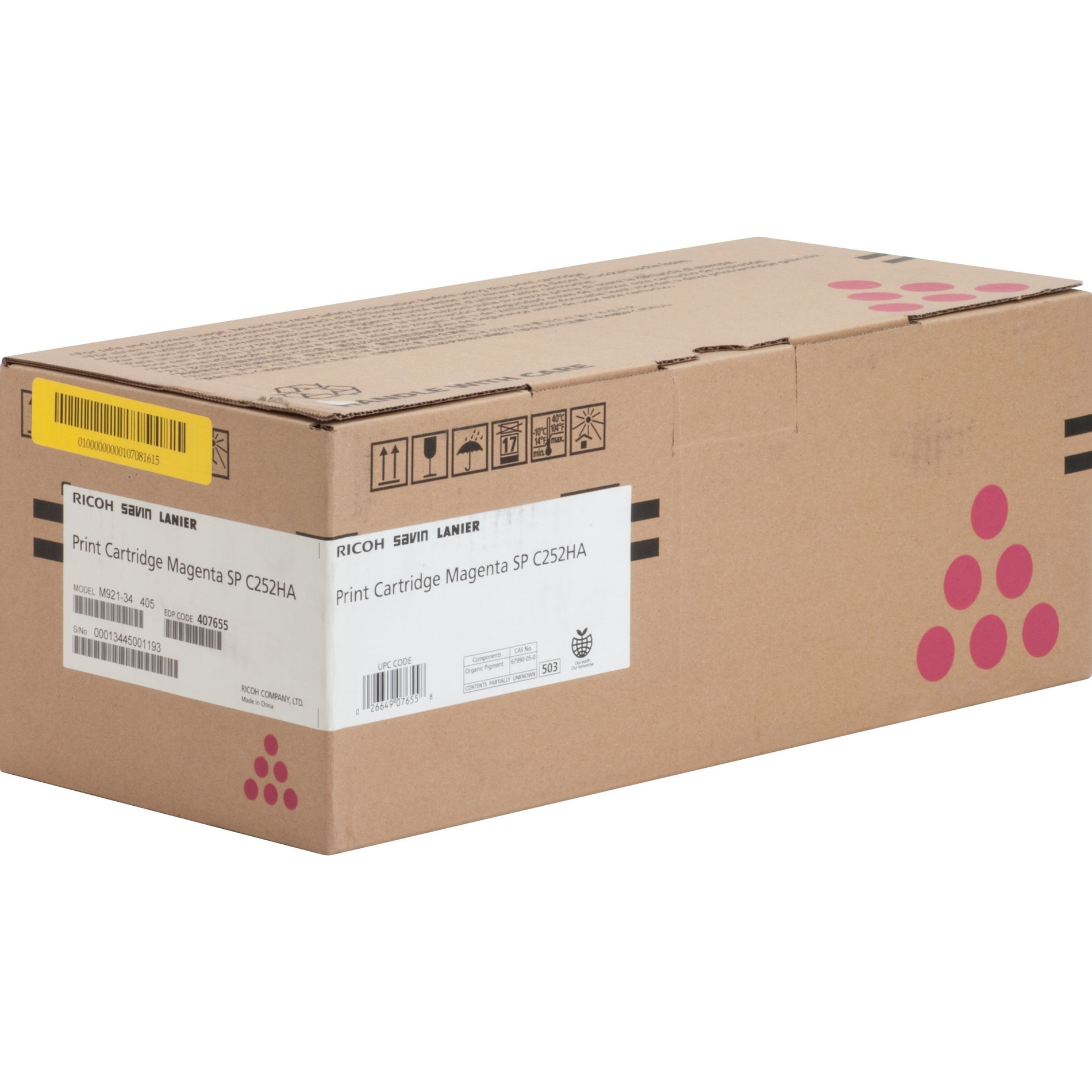 Ricoh SP C252HA original magenta toner cartridge in brown retail packaging with product labels and handling instructions-alternate-image1