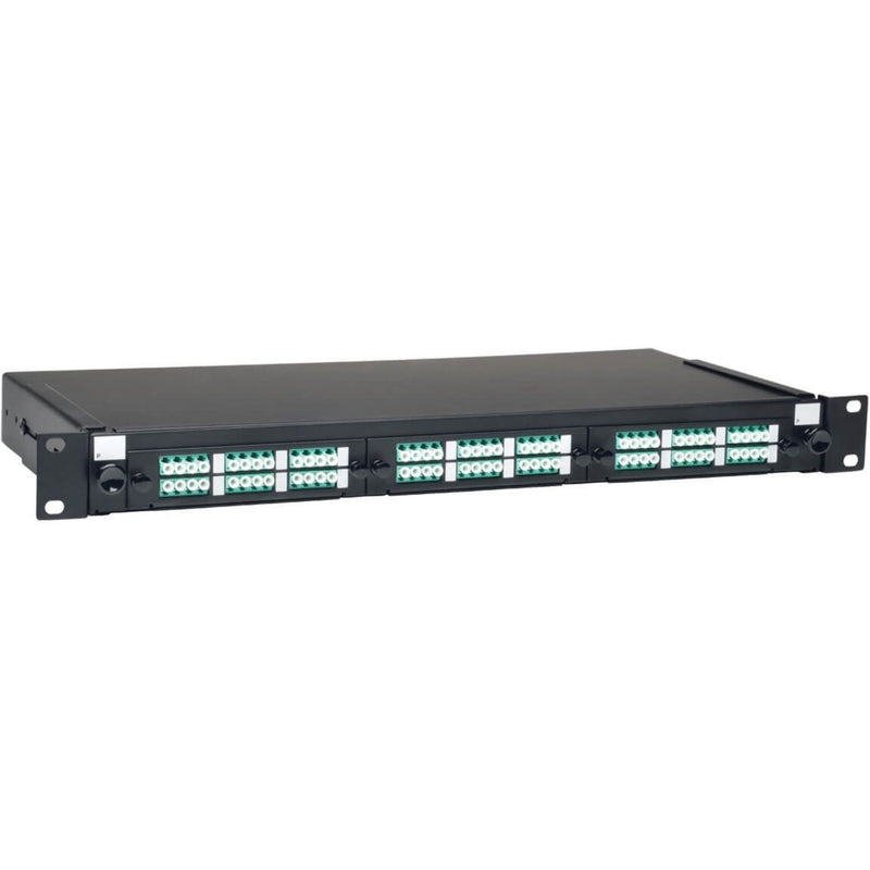 Front view of Tripp Lite 36-port LC fiber patch panel showing three 12-port adapter plates mounted in 1U rack enclosure