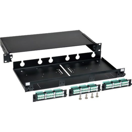 Exploded view of Tripp Lite fiber patch panel showing sliding tray mechanism and internal components-alternate-image2