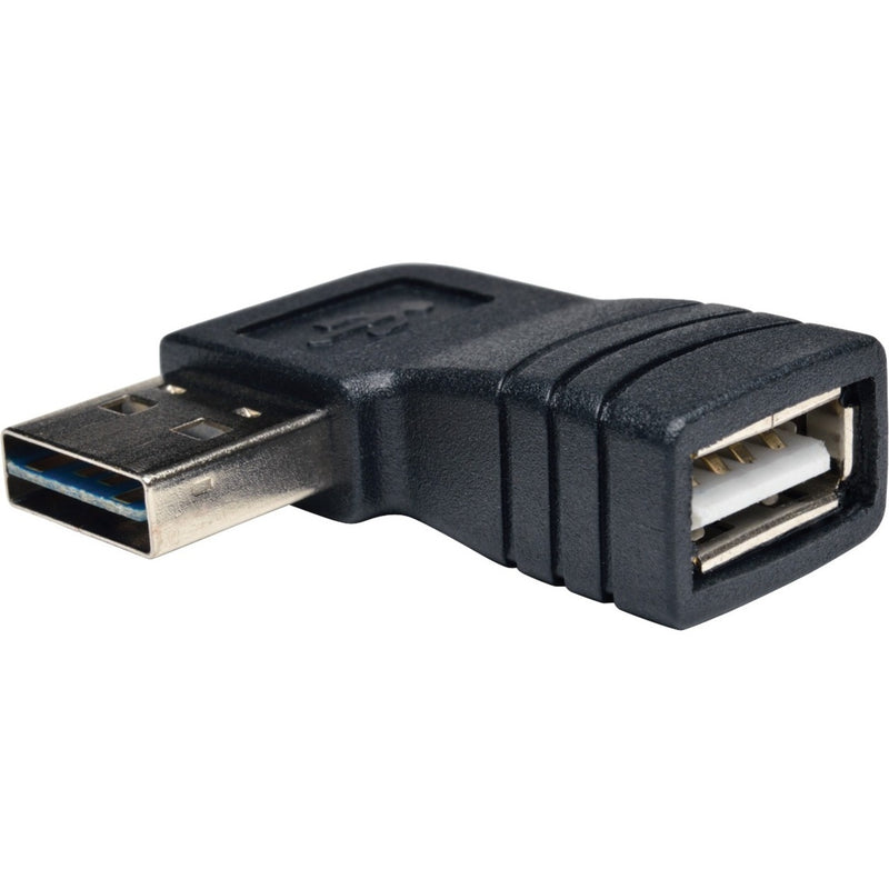 Black right-angle USB adapter showing male connector and female port