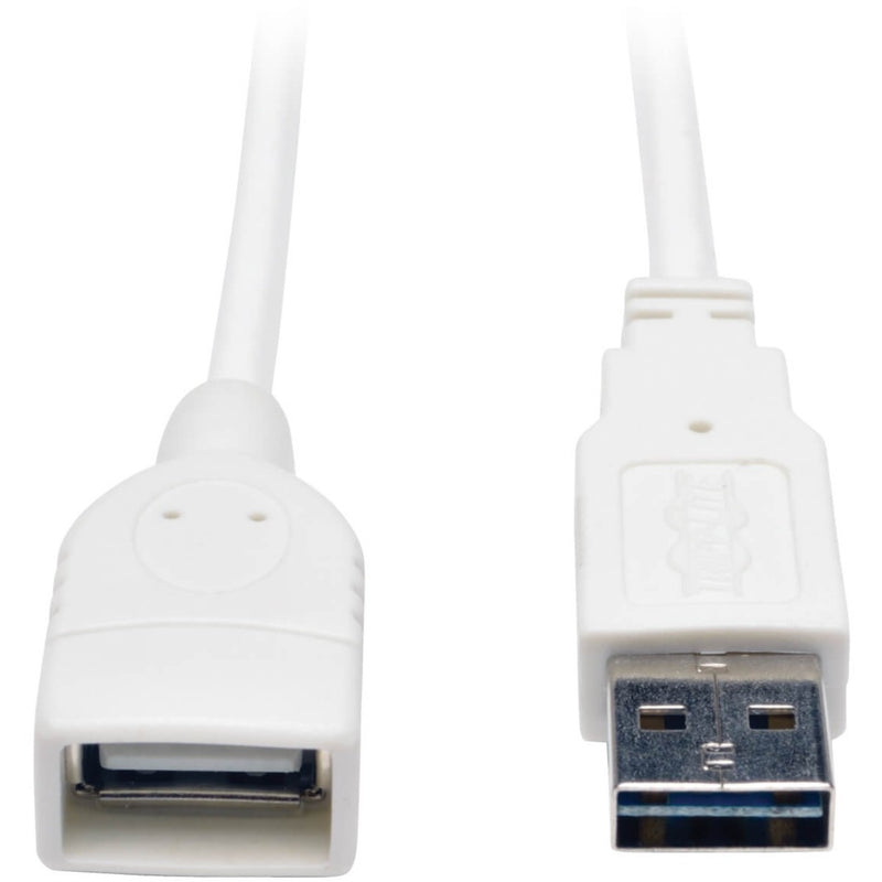 Close-up view of Tripp Lite USB extension cable showing Type-A male and female connectors with white housing