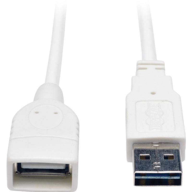 Detailed view of Tripp Lite USB extension cable connectors showing gold-plated contacts and white housing design