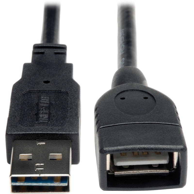 Detailed view of Tripp Lite USB extension cable's reversible connector design and sturdy construction