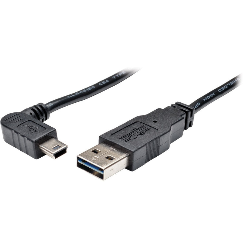 Tripp Lite USB 2.0 cable showing right-angle Mini-B connector and standard USB-A connector with black housing