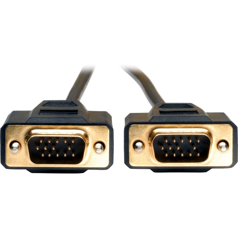 Detailed view of VGA cable HD15 connector pin configuration with gold plating and mounting screws