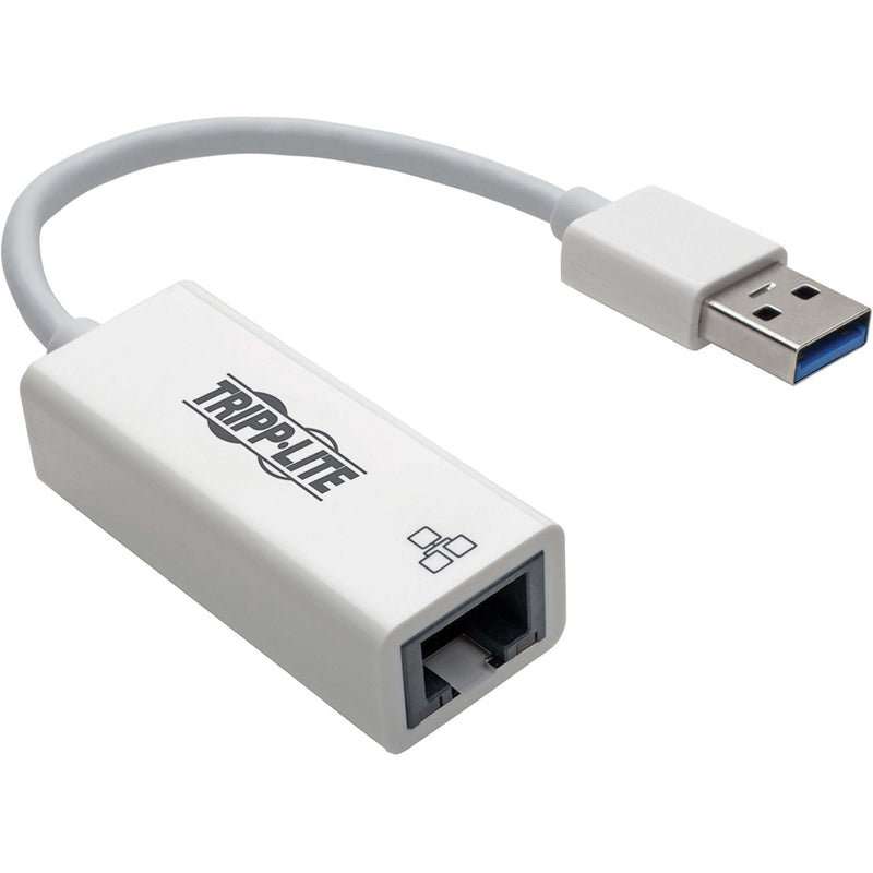 Tripp Lite USB 3.0 to Gigabit Ethernet adapter showing USB connector and RJ-45 port