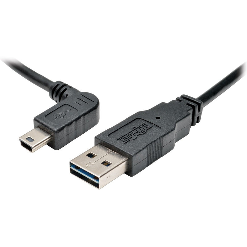 Tripp Lite USB 2.0 cable showing left-angle Mini-B connector and standard USB-A connector with black housing