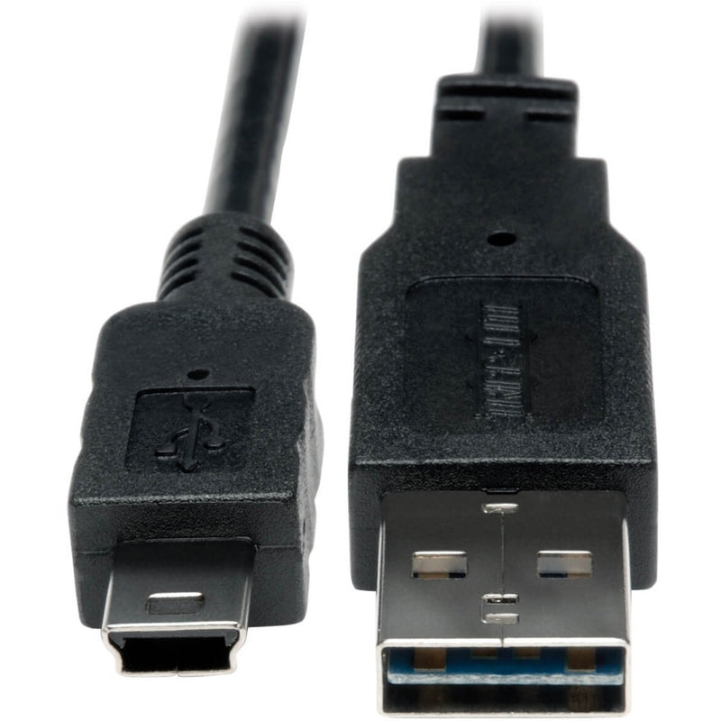 Close-up view of Tripp Lite USB cable connectors showing gold-plated contacts and mini-USB connection