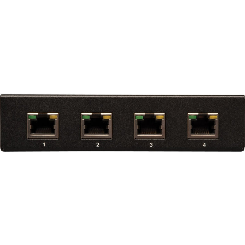 Close-up of four RJ-45 ports on Tripp Lite B132-004A-2 splitter