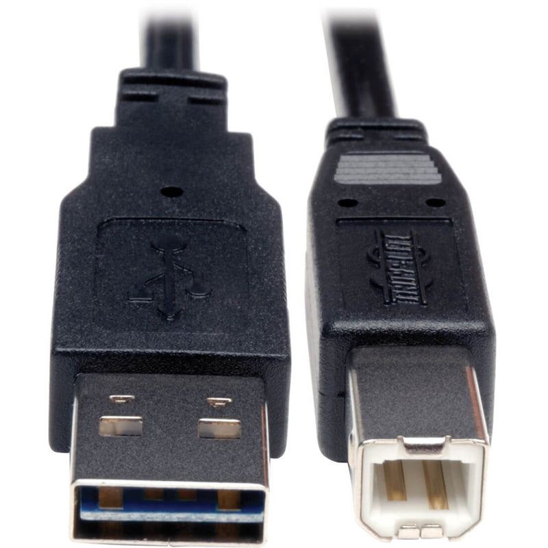 Close-up view of Tripp Lite USB cable connectors showing gold-plated Type-A and Type-B ends with reversible design