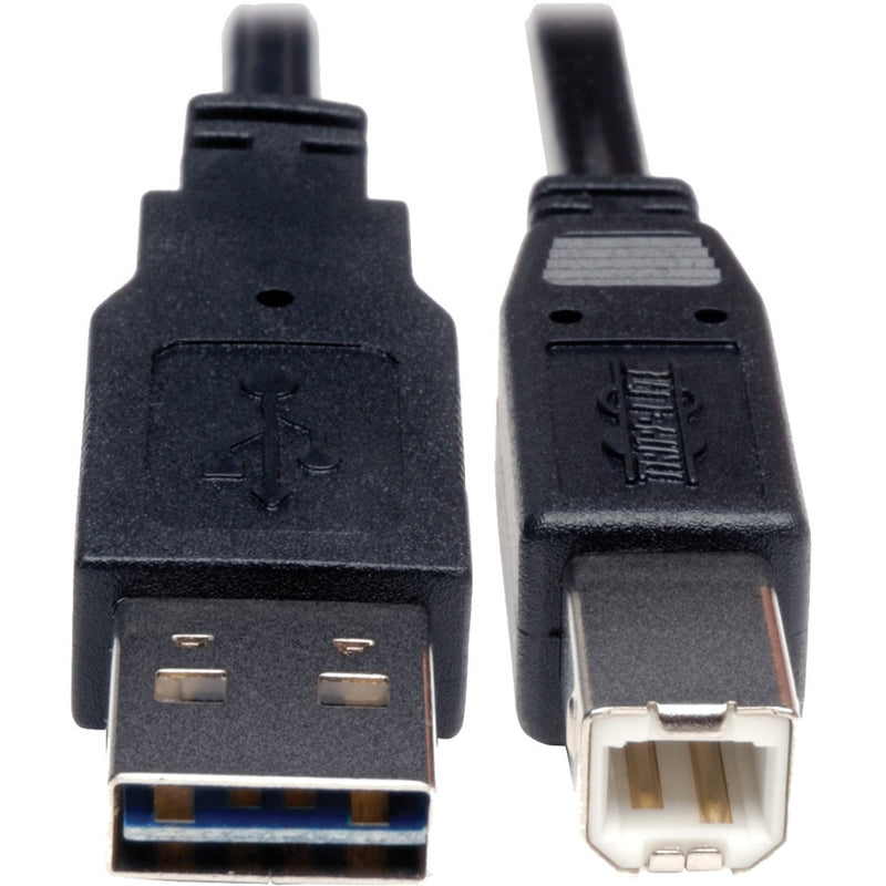 Detailed view of Tripp Lite USB cable showing molded strain relief and connector construction with branded housing