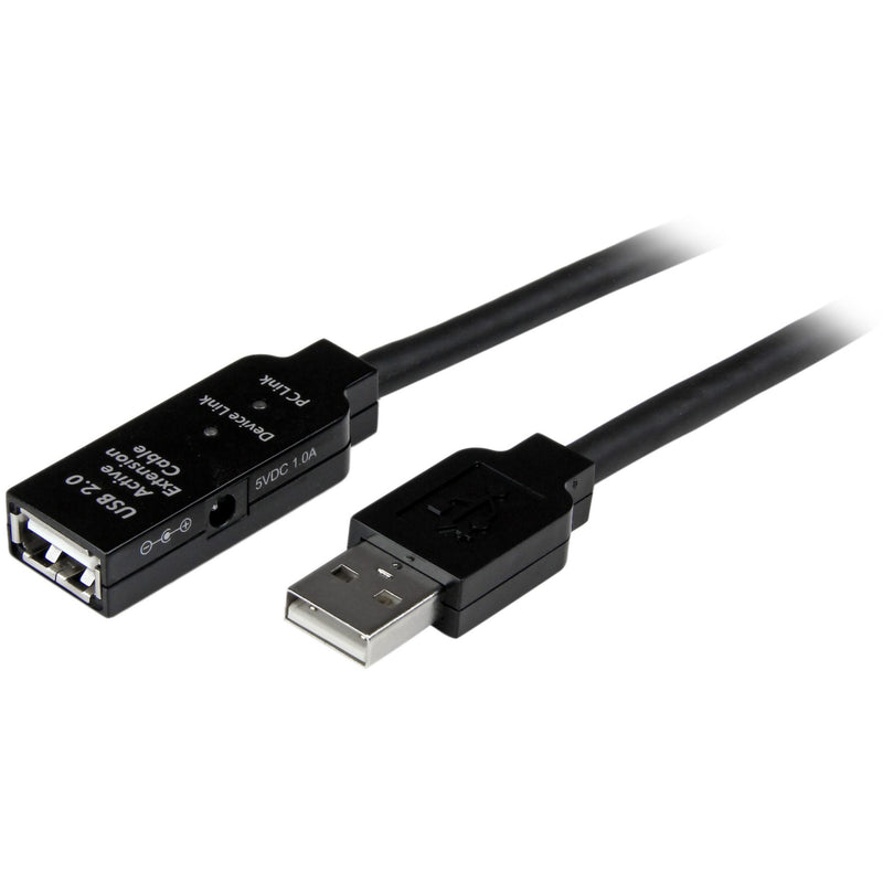 StarTech.com USB 2.0 active extension cable showing male USB connector and female port with built-in signal booster