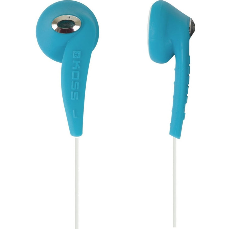 Koss KE10 JAMS turquoise silicone earbuds with chrome accents and white cable shown from side angles