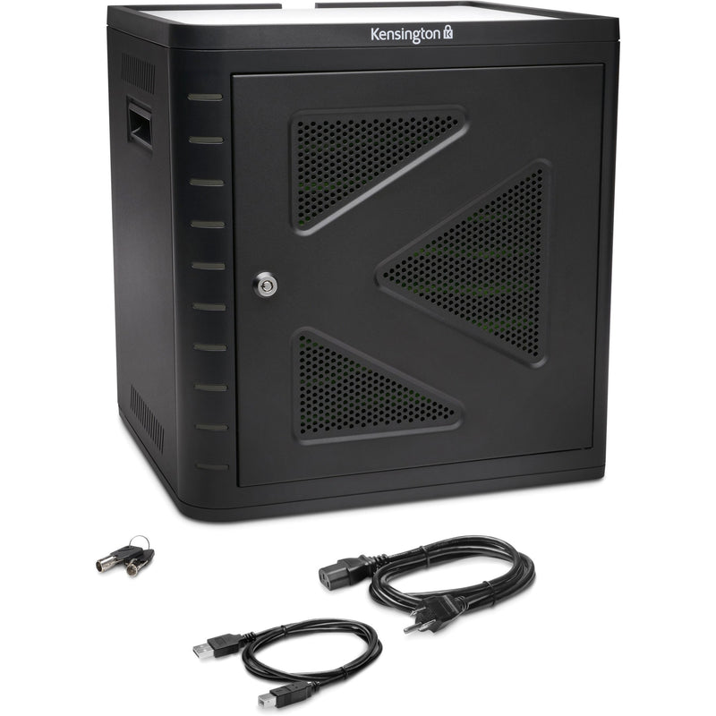 Front view of Kensington tablet charging cabinet showing triangular ventilation pattern and security lock