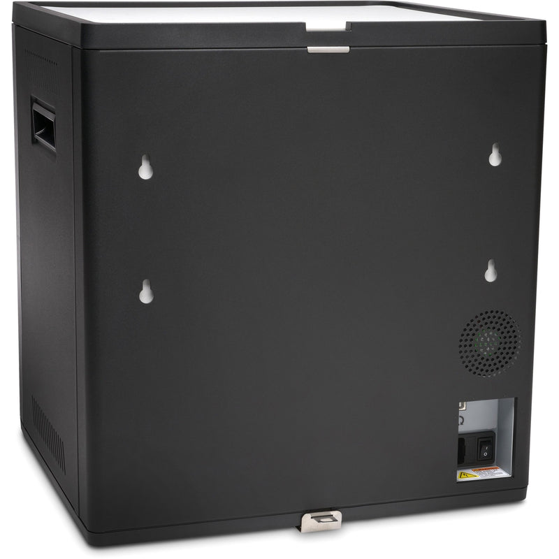 Rear view of charging cabinet displaying power input, mounting points, and security features