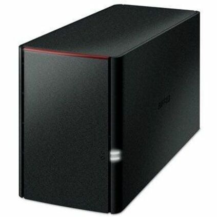 Front view of Buffalo LinkStation 220 NAS device in black with red accent line-alternate-image1