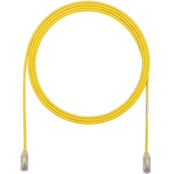 Yellow Panduit Cat.6e network patch cable with clear boots and RJ-45 connectors, coiled in circular shape