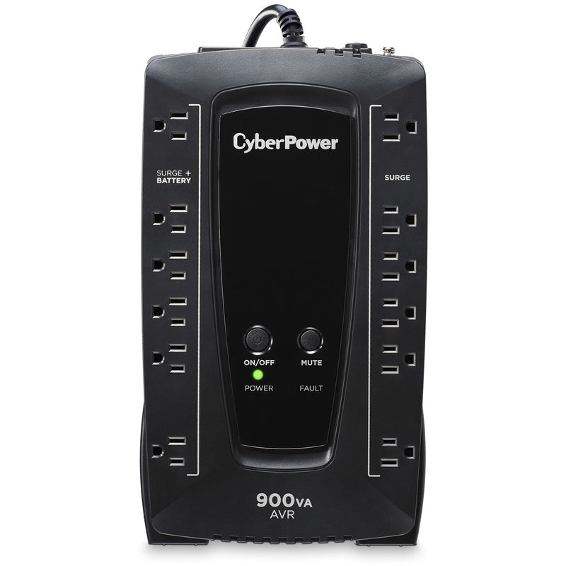 Front view of CyberPower AVRG900U UPS showing 12 outlets, control panel, and 900VA rating