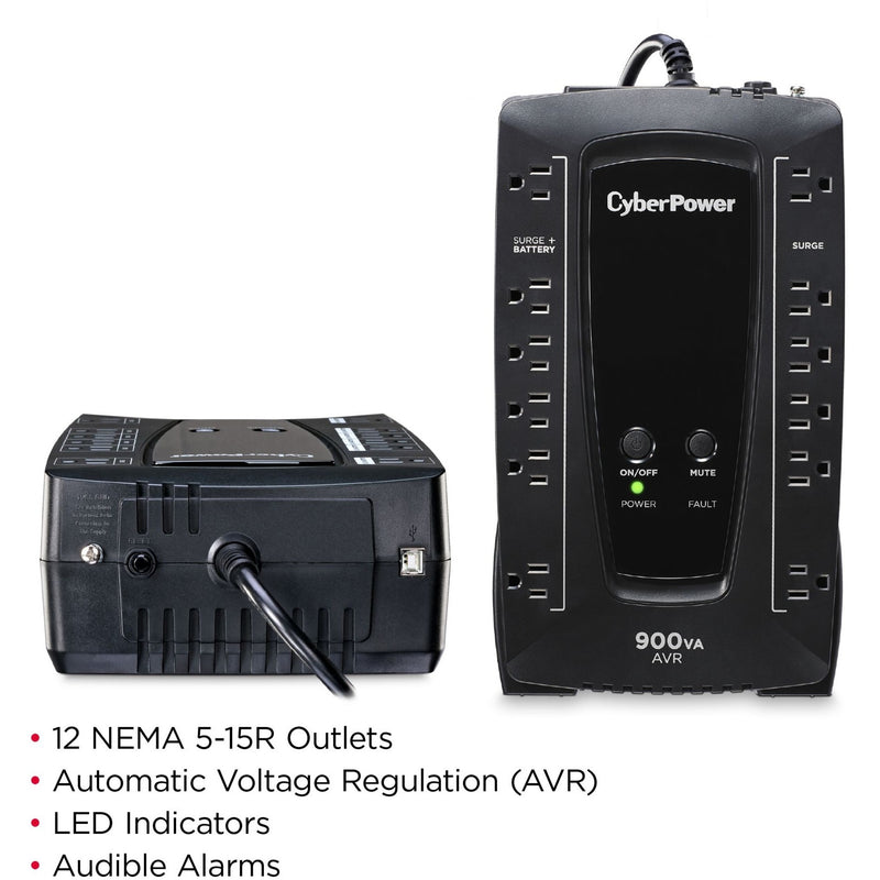 Dual view of CyberPower AVRG900U showing front and rear features