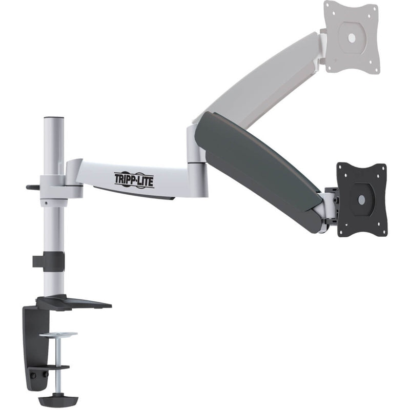 Side view of Tripp Lite DDR1327S dual monitor mount showing white articulating arm design