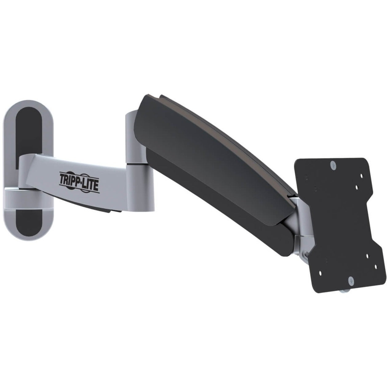 Side view of Tripp Lite DWM1327SP wall mount showing articulating arm mechanism in silver and black finish-alternate-image1