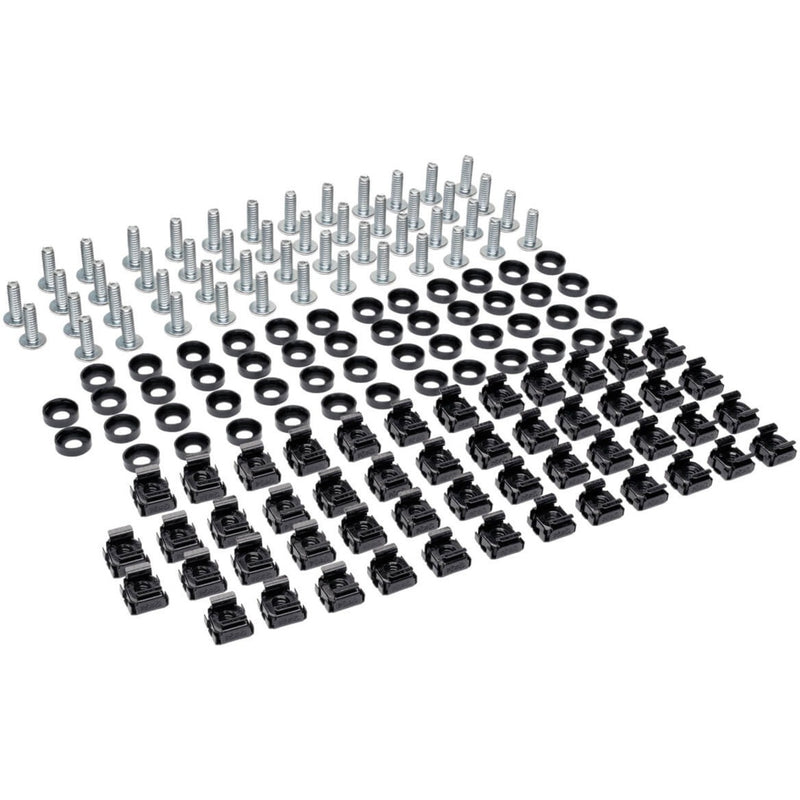 Organized display of 50 sets of rack mounting hardware including silver screws, black cage nuts, and black cup washers