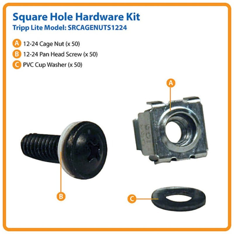 Labeled diagram showing individual components of rack mounting hardware kit including cage nut, pan head screw, and cup washer