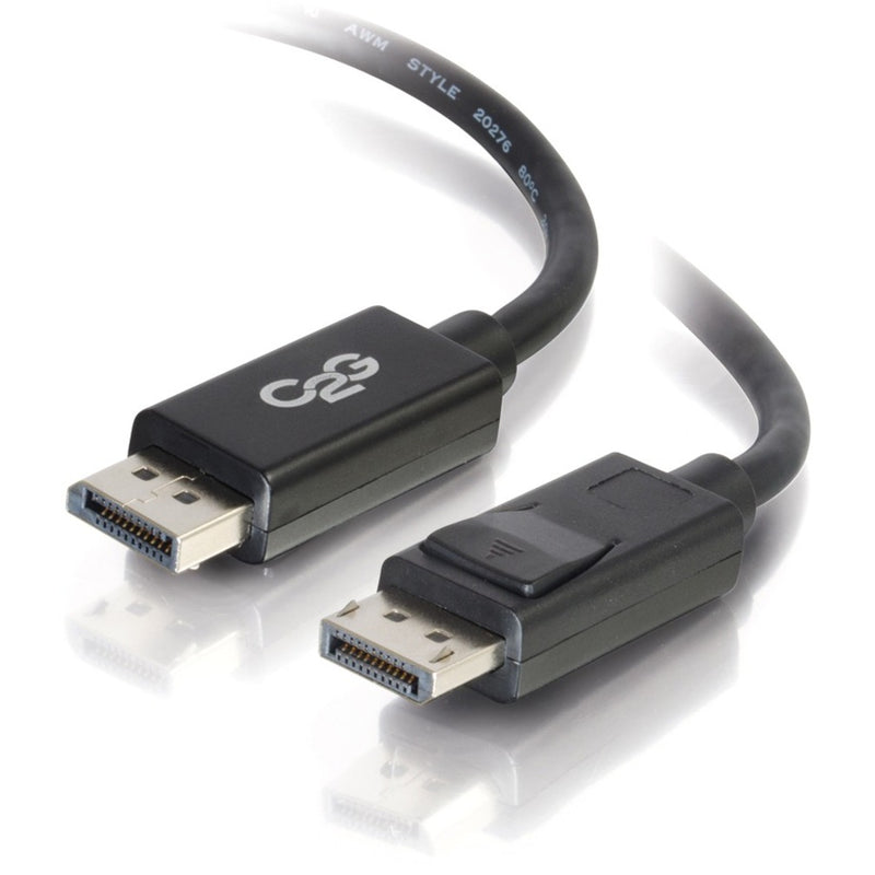 Close-up view of C2G DisplayPort cable connectors showing locking latch mechanism and brand logo