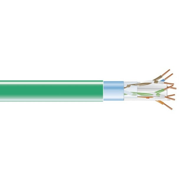 Close-up view of Black Box CAT6 shielded cable cross-section showing green outer jacket and internal copper conductors