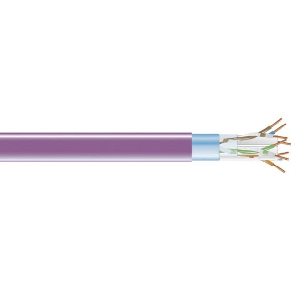 Close-up view of purple Cat6 network cable showing internal copper conductors and shielding construction