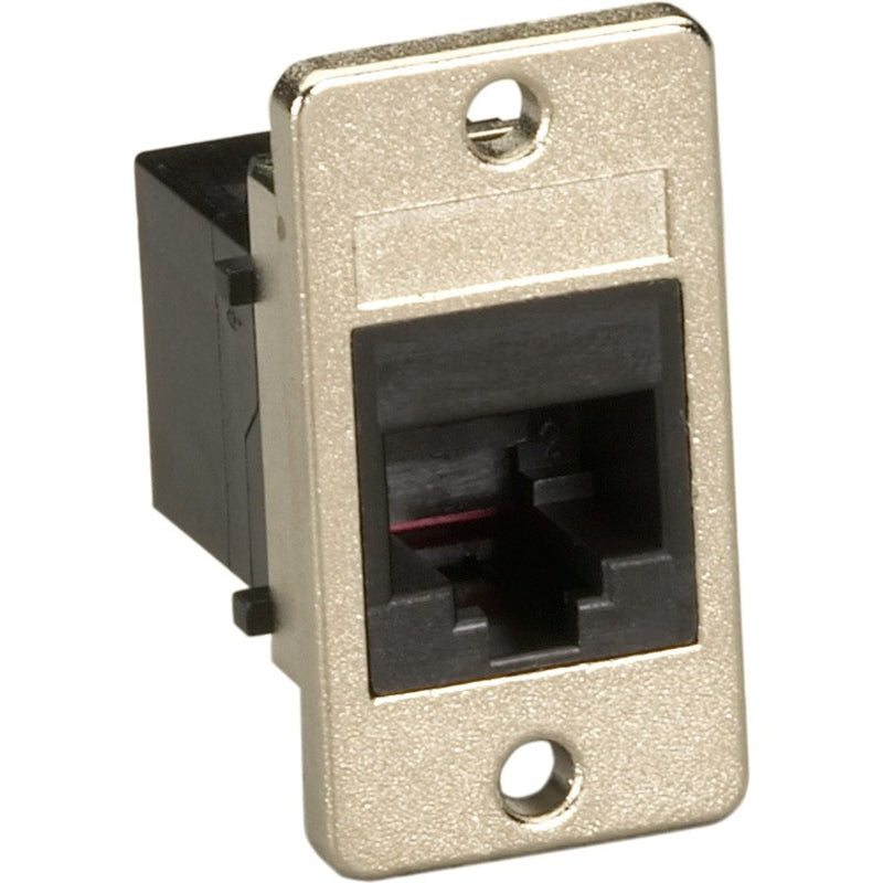 Black Box FMT1081 unshielded RJ45 panel-mount coupler with nickel-plated bezel and black housing