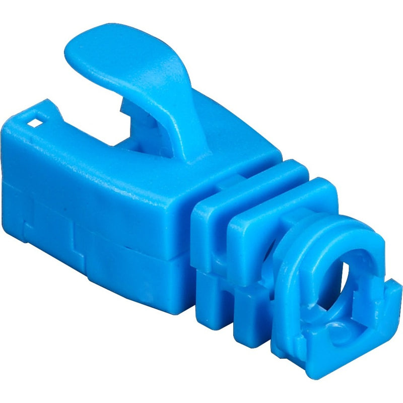 Blue snap-on snagless cable boot for RJ-45 connectors showing protective tab design