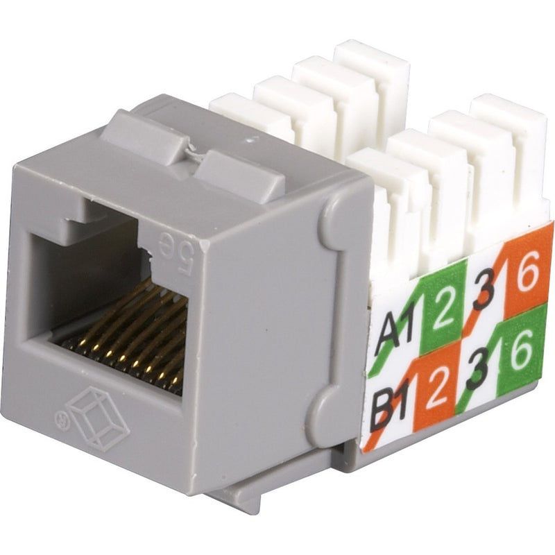 Gray CAT5e keystone jack showing RJ-45 port and color-coded T568A/B wiring diagram