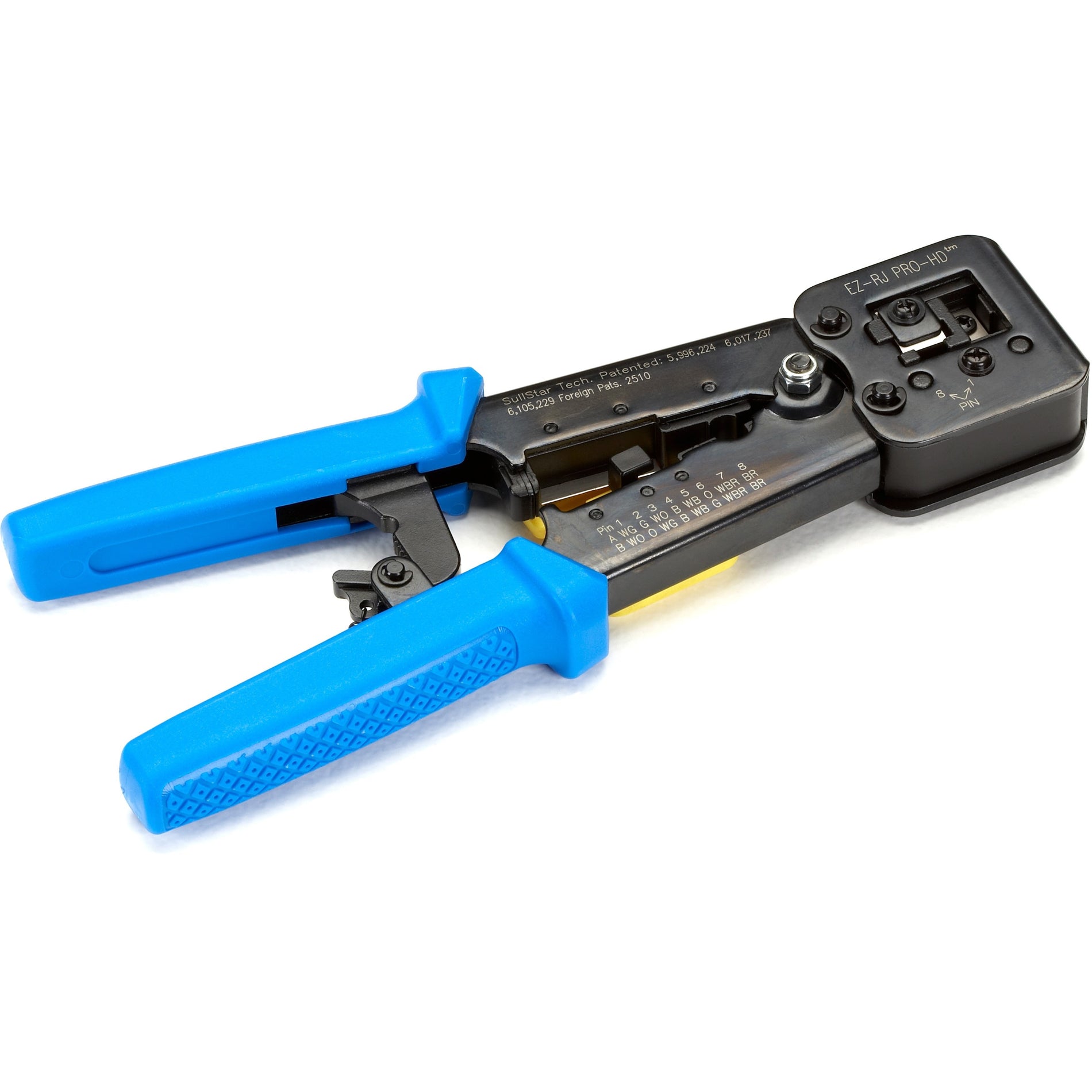 Close-up view of Black Box EZ-RJPRO Crimp Tool showing textured blue handles and precision die head assembly-alternate-image2