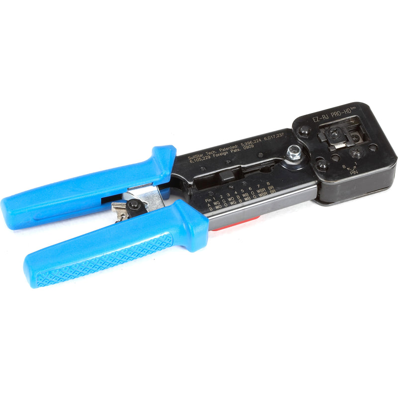 Black Box EZ-RJPRO High-Density Crimp Tool with blue ergonomic handles and black oxide-finished steel frame