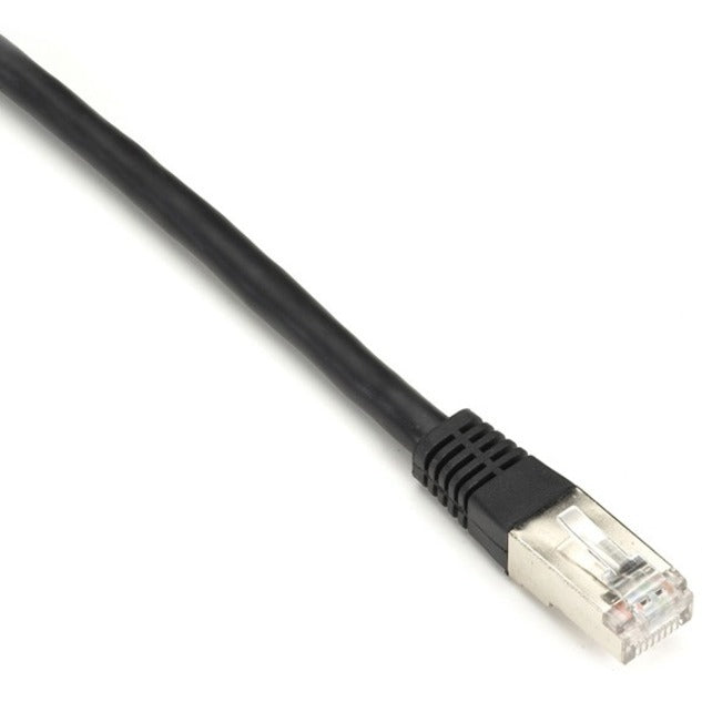 Close-up view of Black Box SlimLine Cat.6 cable's gold-plated RJ-45 connector with black molded strain relief