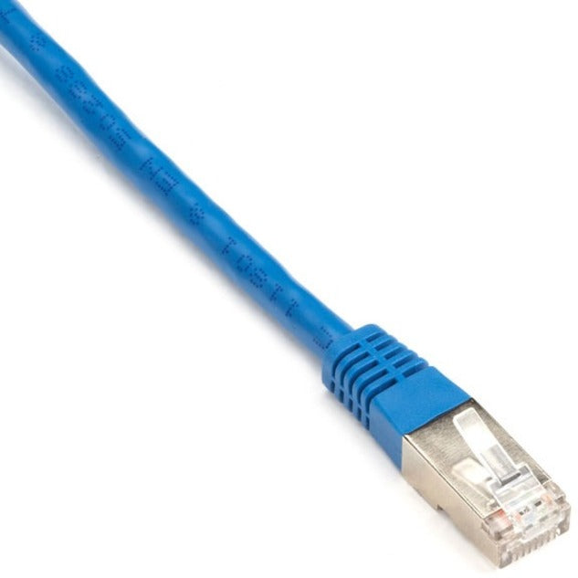 Close-up of Black Box SlimLine Cat.6 S/FTP patch cable showing blue jacket and RJ-45 connector with gold-plated contacts