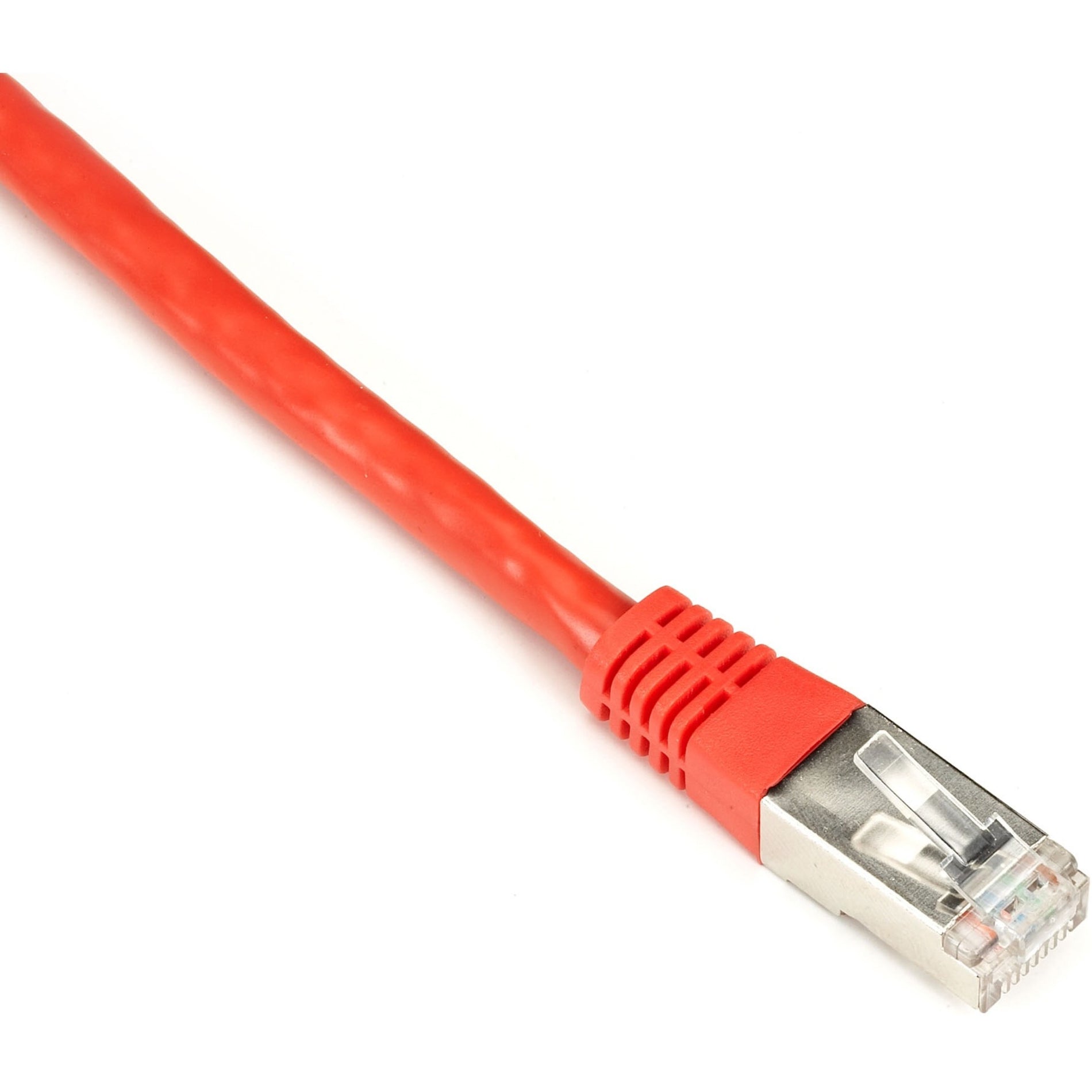 Close-up view of Black Box SlimLine Cat.6 S/FTP red patch cable showing shielded RJ-45 connector and strain relief-alternate-image1