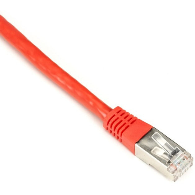 Close-up view of Black Box SlimLine Cat.6 network cable's red jacket and shielded RJ-45 connector with gold-plated contacts