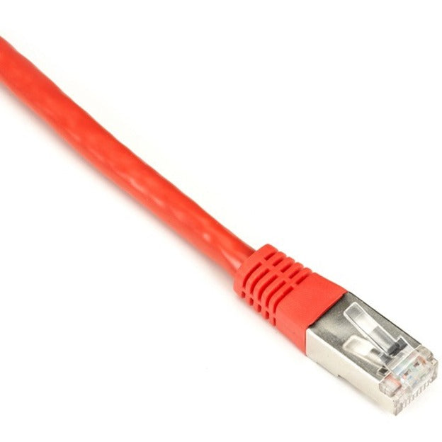 Close-up view of Black Box SlimLine Cat.6 S/FTP red network cable with shielded RJ-45 connector showing gold-plated contacts