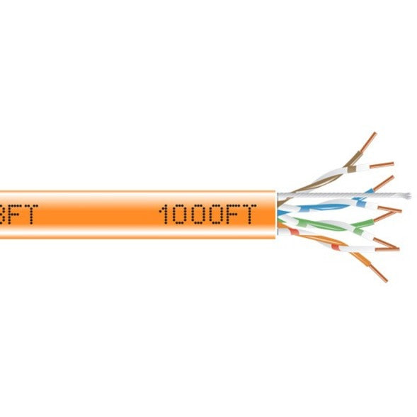 Close-up view of orange Cat6 cable with length markings and exposed internal twisted pair conductors