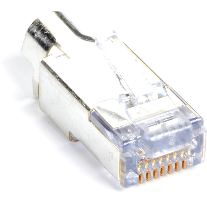 Close-up of Black Box CAT6 EZ-RJ45 modular plug showing transparent housing and gold-plated contacts