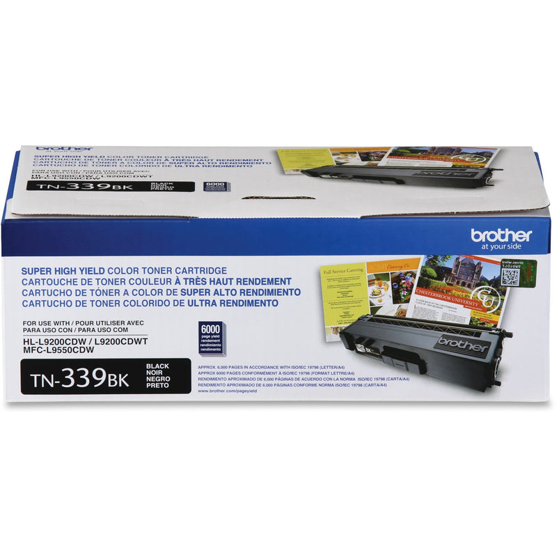 Brother TN339BK Super High Yield Black Toner Cartridge retail packaging showing product specifications and compatibility information