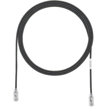 Panduit Cat.6 UTP black network patch cable with clear boots, coiled view showing both RJ-45 connectors