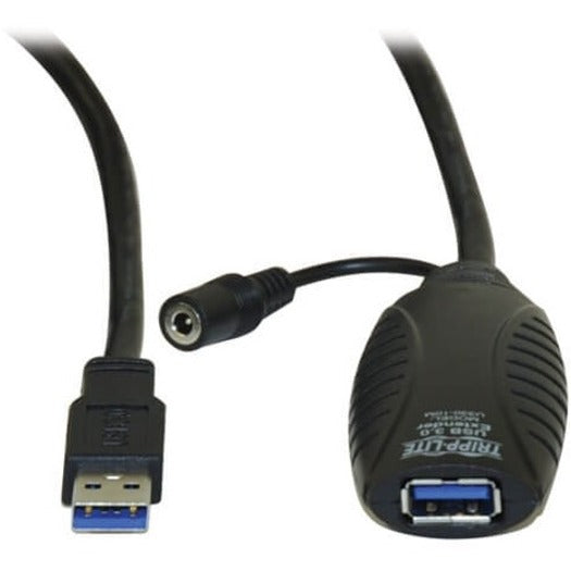 Close-up detail of Tripp Lite U330-10M USB cable connectors showing USB 3.0 port and power input